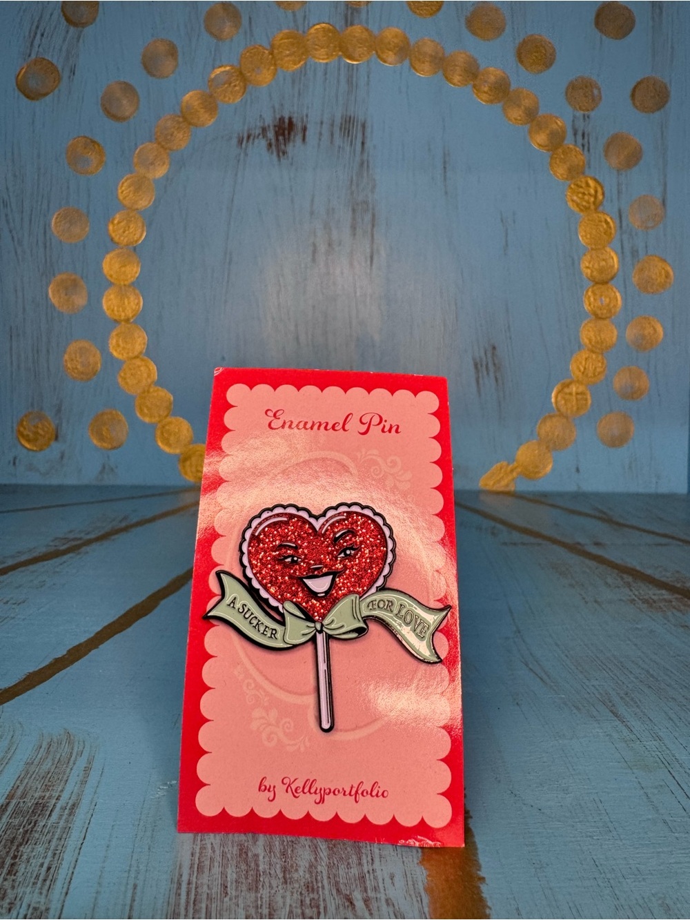 NWT Kelly Portfolio Red Heart Lollipop Enamel Pin Pun - “a sucker for love”